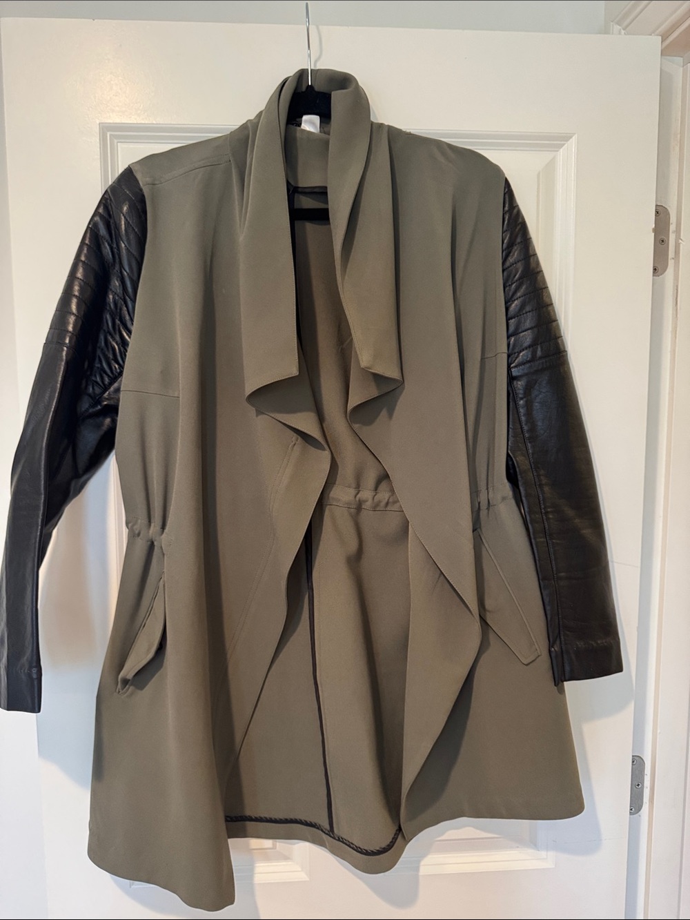 HM Sz US 12 Draped Olive Trench with Black Faux-Leather Sleeves